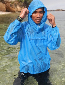 snorkelling in anorak with hood